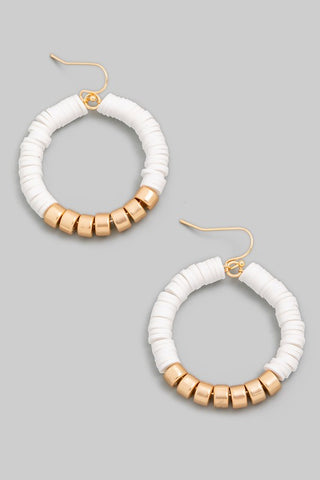 Circle Disc Bead Drop Earrings - White