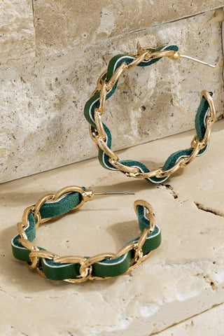 Hunter Green Leather and Chain Hoop Earrings