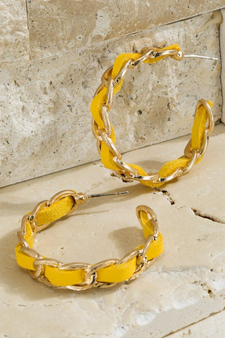 Mustard Yellow Leather and Chain Hoop Earrings