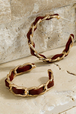 Burgundy Leather and Chain Hoop Earrings