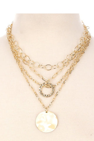 Gold Multi Chain Hammered Disc Pendant Necklace