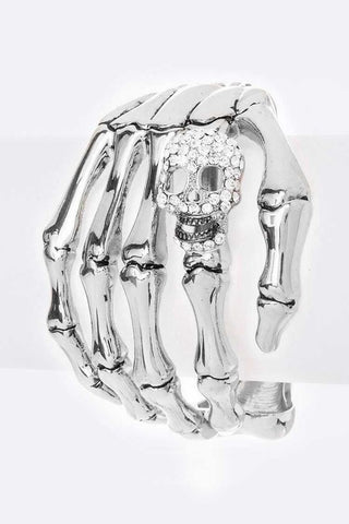 Skeleton Hand with Skull Bangle in Silver
